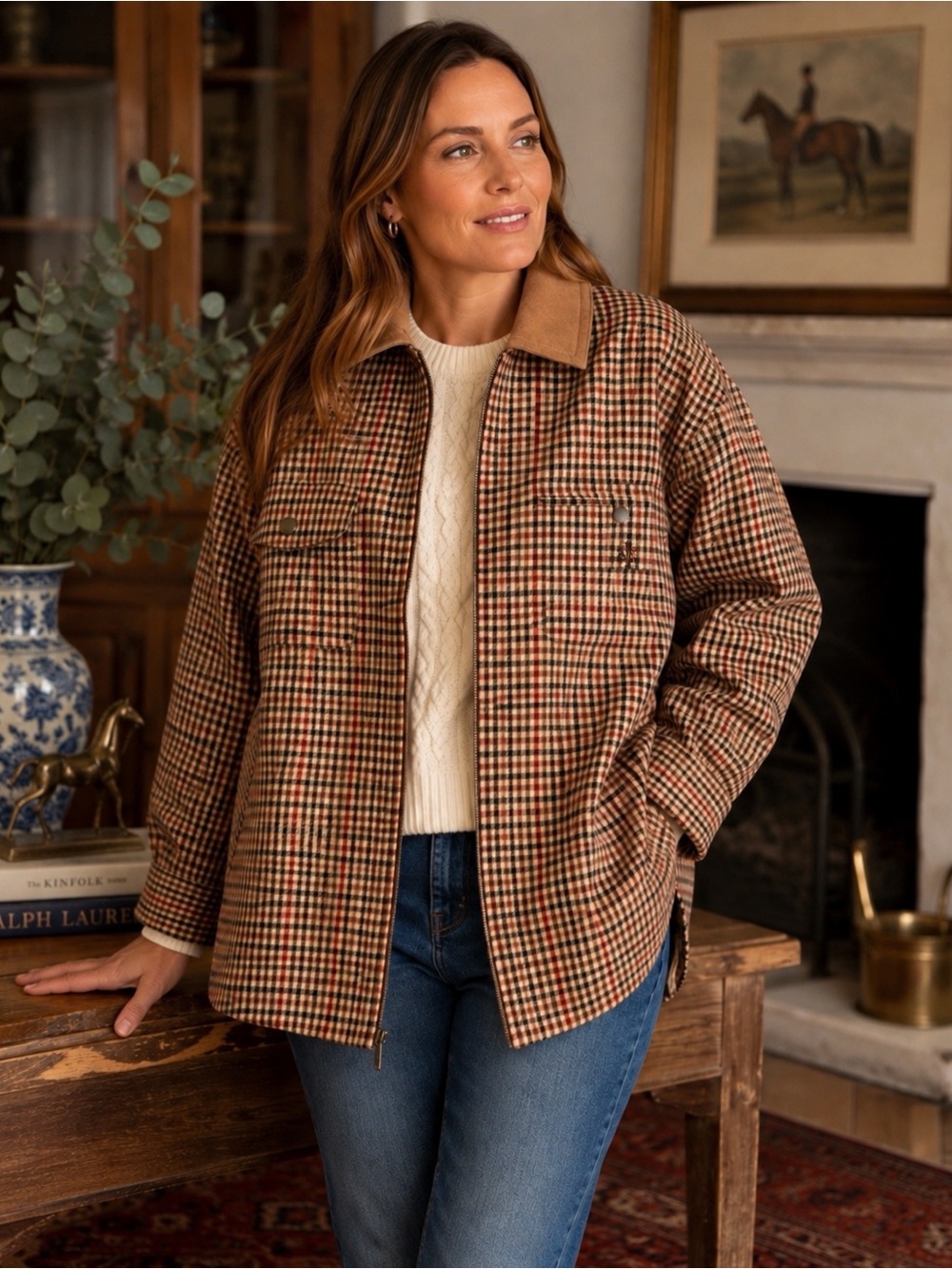 Ralph Lauren Women Plaid Equestrian Jacket XL Wool Leather Trim Barn Chore Suede